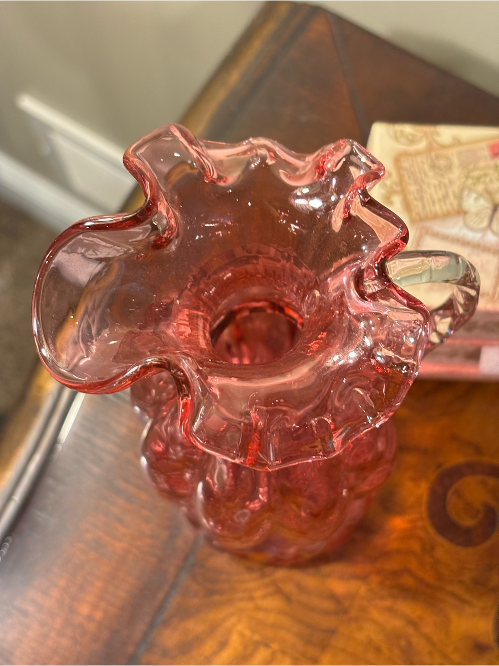 Cranberry Glass Diamond Optic Melon Ribbed Pitcher - Picture 2 of 7